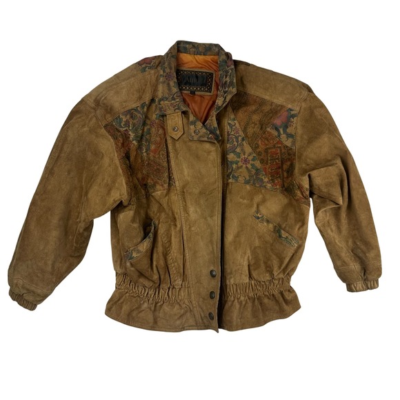 Laurice Jackets & Blazers - Laurice Vintage Brown Suede Leather Tapestry Patchwork Bomber Jacket Large